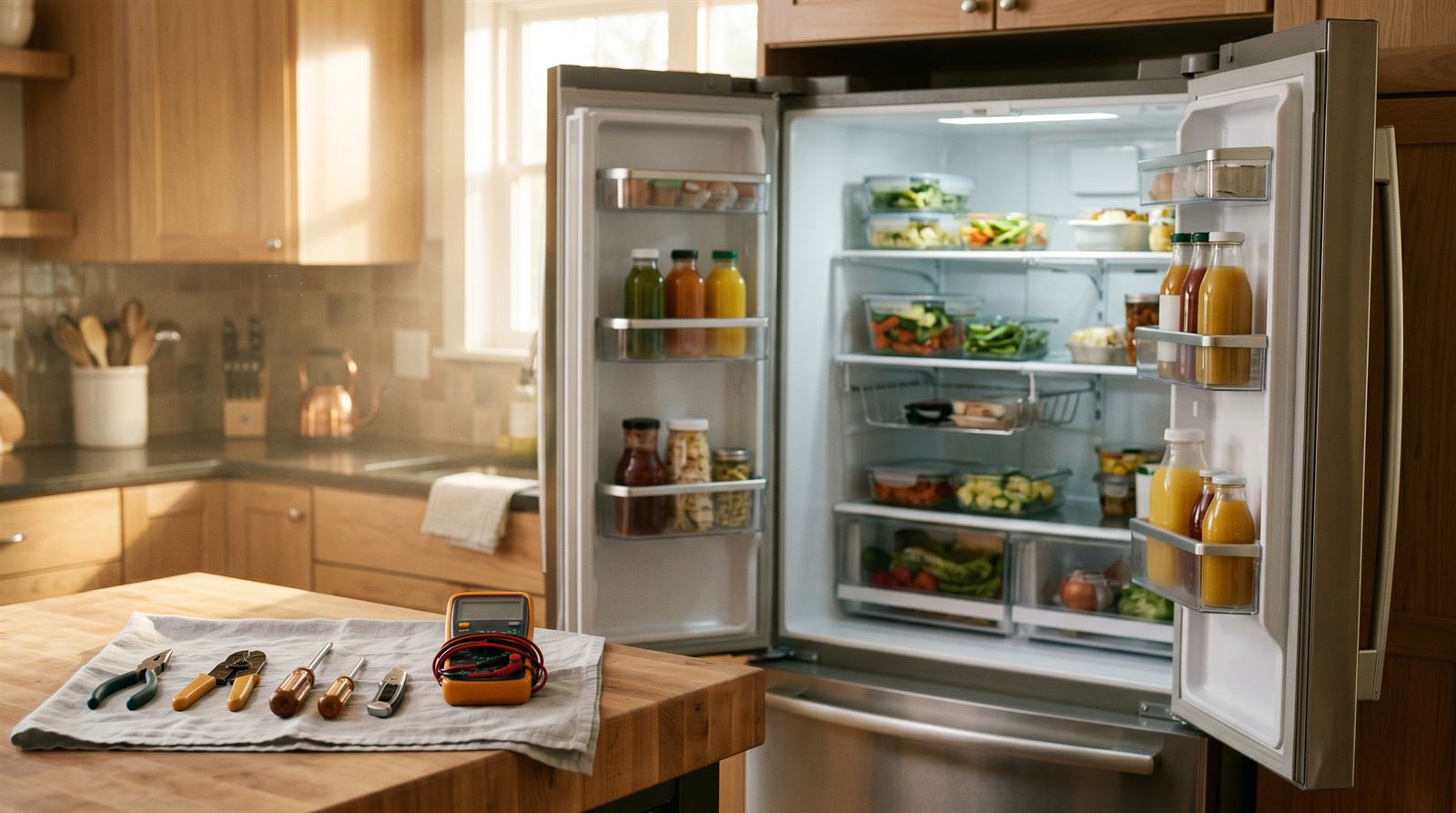 A warm sunlit kitchen mid-service: an open refrigerator with a multimeter and hand tools laid out on the counter