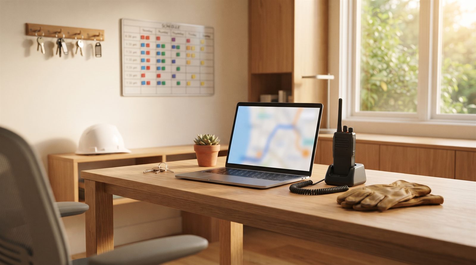 A warm home-services dispatch office with a laptop showing a route map, van keys on a rail, and a two-way radio