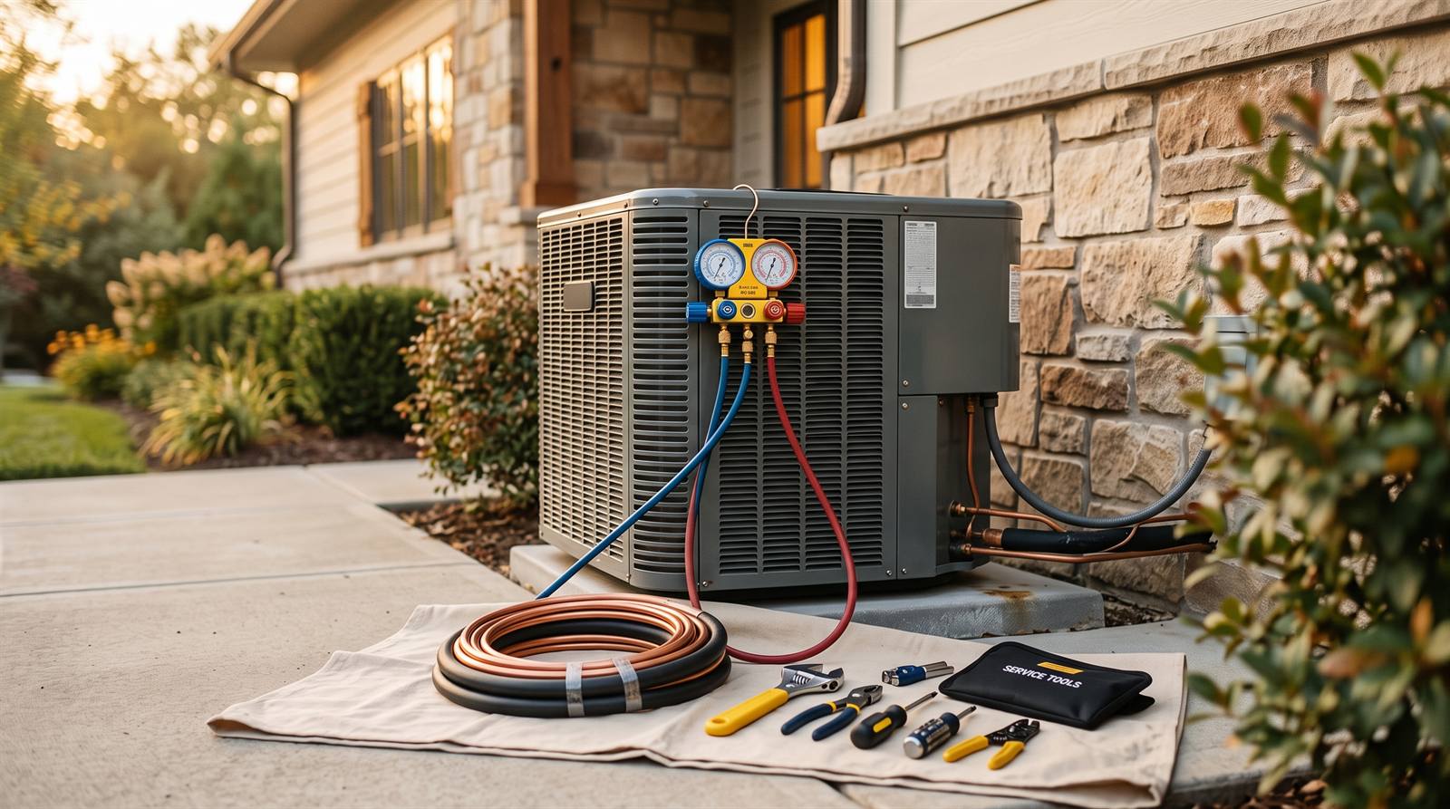 An outdoor HVAC condenser unit beside a stone-clad home at golden hour, service gauges connected and a roll of technician&rsquo;s tools laid out on the driveway
