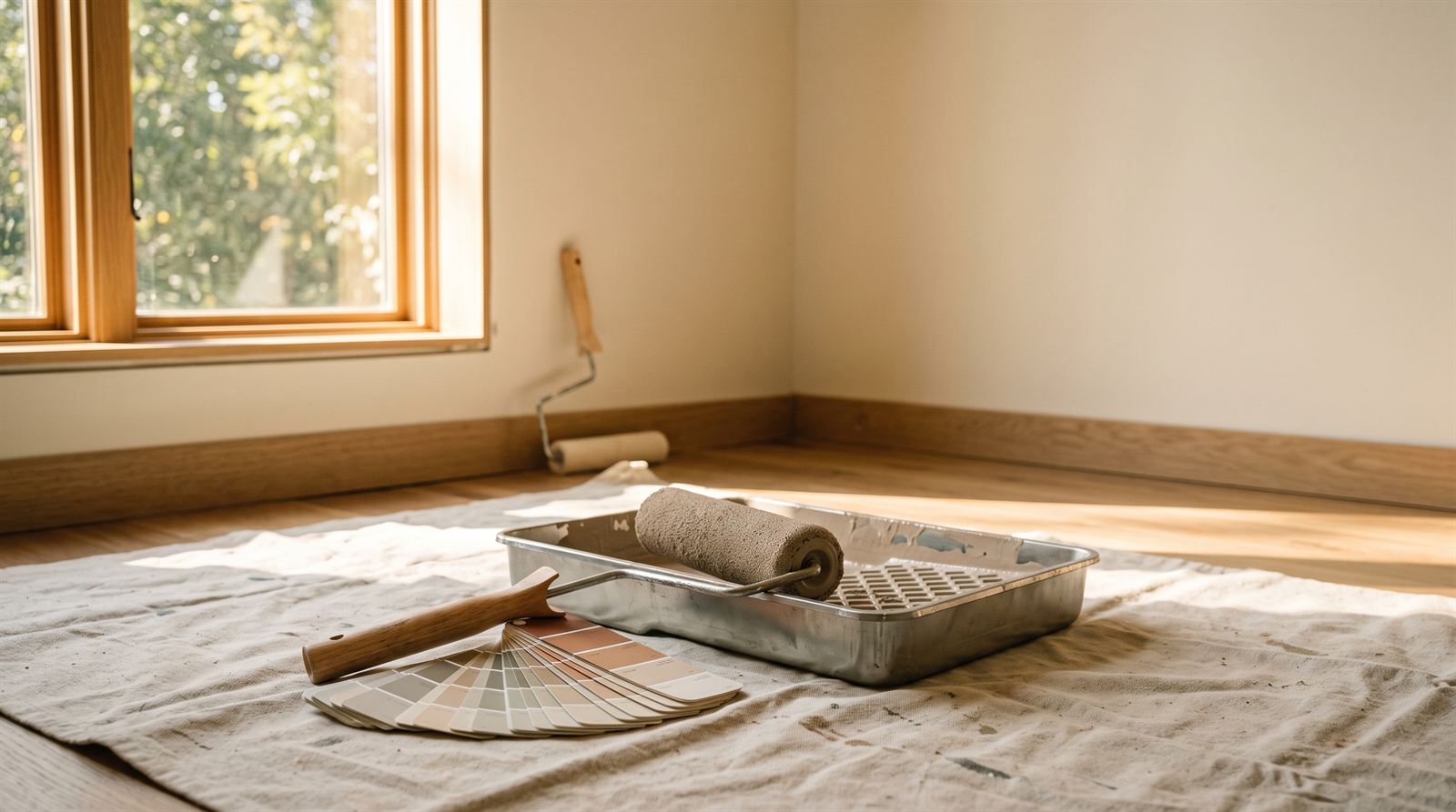 A freshly painted, sunlit room with a paint tray, roller, and color swatches on a drop cloth