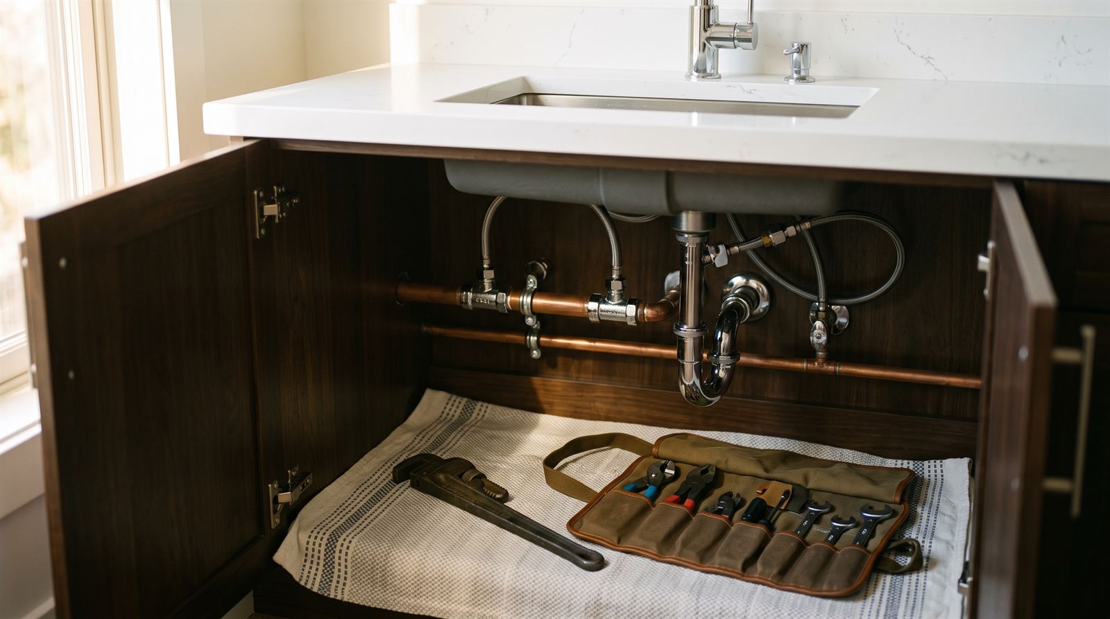 Under a kitchen sink: new copper supply lines and a chrome P-trap, with a pipe wrench and a canvas tool roll on a cloth below