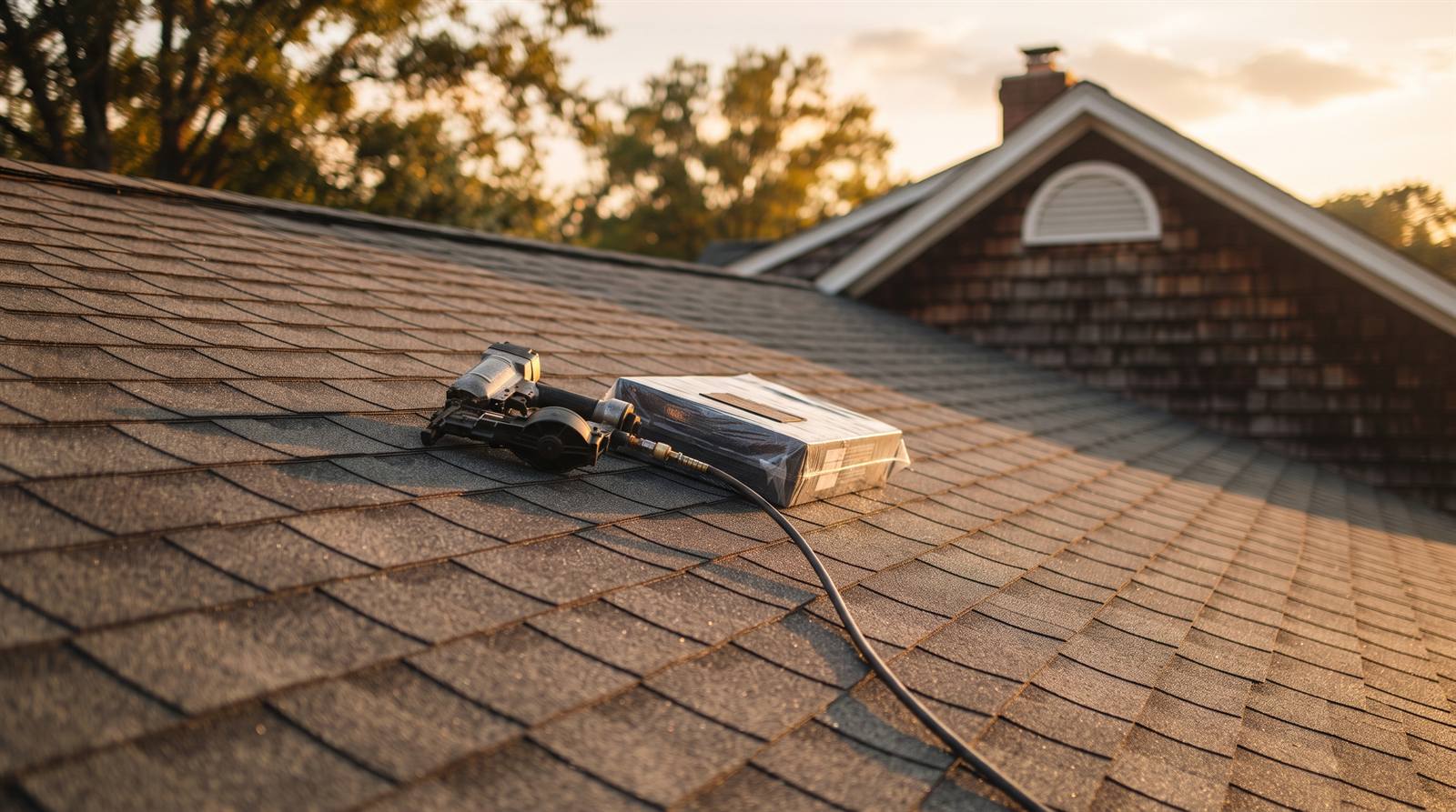 A freshly shingled residential roof at golden hour with a roofing nail gun and a bundle of shingles, a gabled dormer and chimney behind